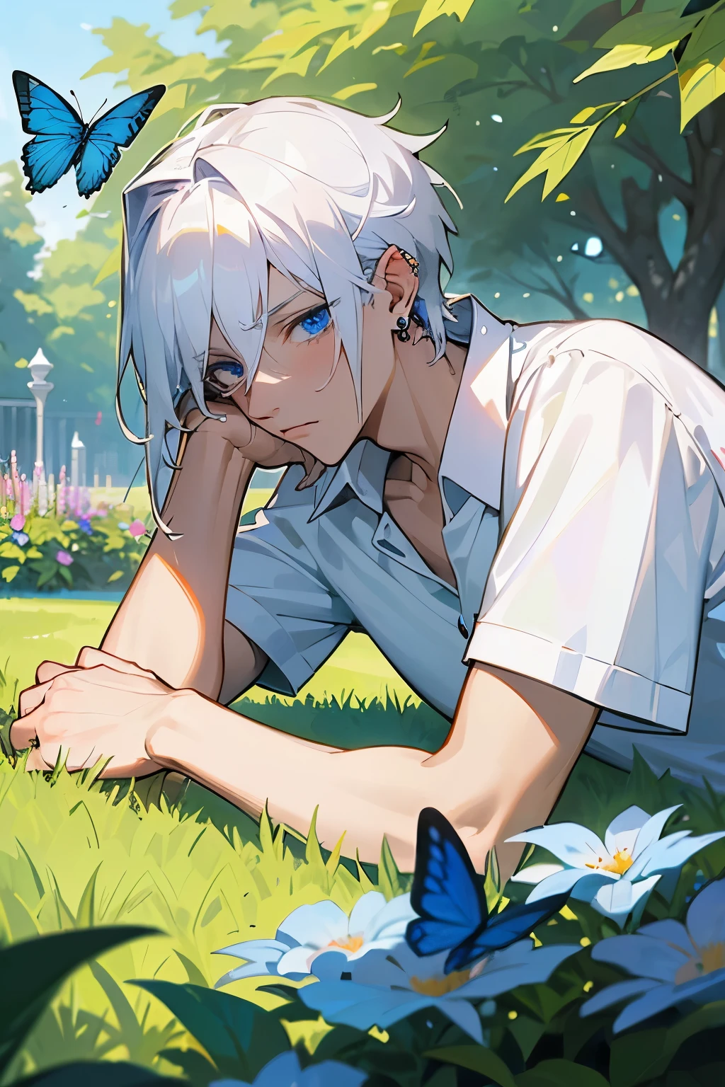 Excellent, masterpiece, white hair, blue eyes, hair, fair skin, man face with sharp angles in the garden park male bust shot lying on his side on the park grass with tears on his face a blue butterfly on his nose, clear despair in his eyes, white shirt, he is leaning onto his arm, he has black cross earrings, he is looking at a flower