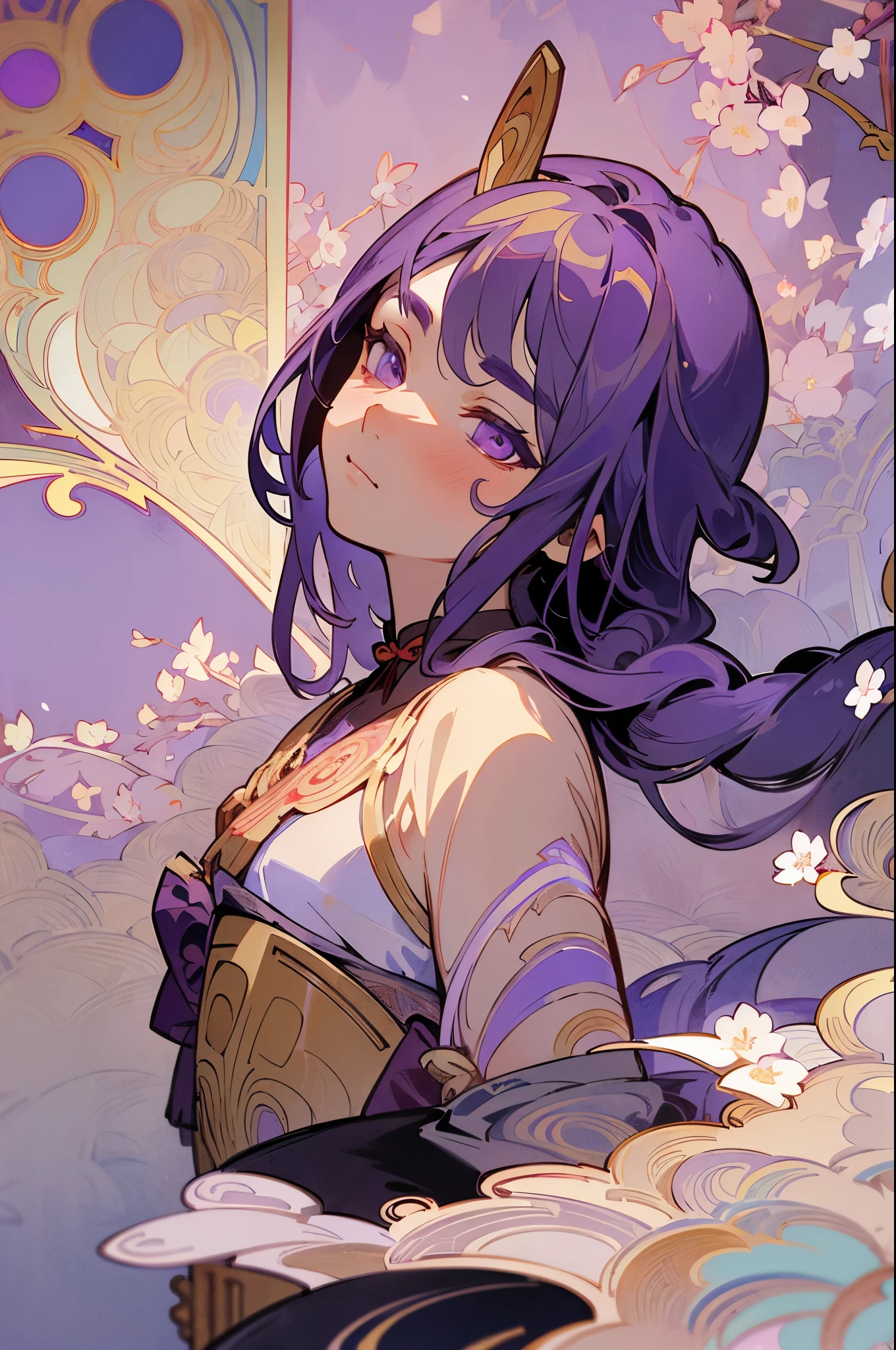 Art Nouveau Style, poster in a theater, (((art by alphonse mucha))), upper body, blush, 3/4 ,(masterpiece, finely detailed beautiful eyes: 1.2), 1girl, solo, (raiden shogun:1.4), purple hair, straight hair, purple eyes, bangs, braid, braided ponytail, japanese clothes, kimono, sash,red sash, beautiful, small details, ultra detailed, best quality, intricate, sharp, digital illustration, detailed, ((cherry blossoms)), (purple background)