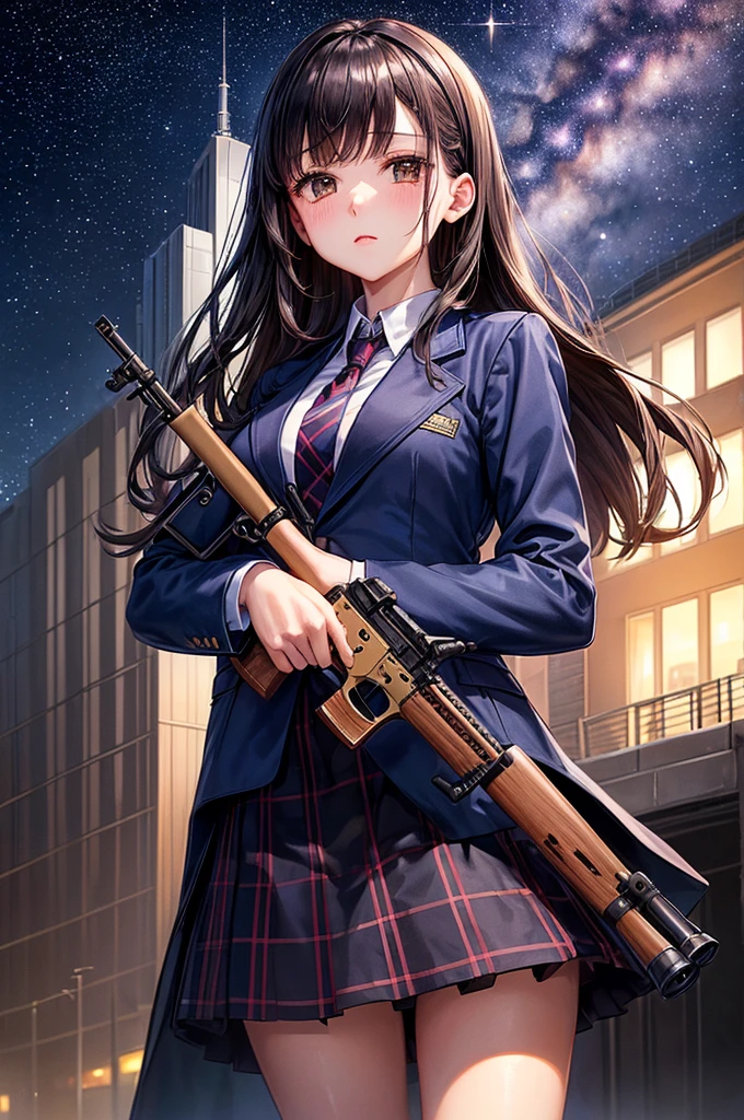 1 female、(super beautiful)、(beautiful face:1.5)、(detailed face)、Are standing、(high school uniform)、Dark blue jacket、white shirt、tie、plaid mini skirt、brown hair、(dark makeup)、(Holding a rifle)、(Please point your rifle:1.5)、H&For HK416、(on the roof of a skyscraper), night, starry sky, milky way,