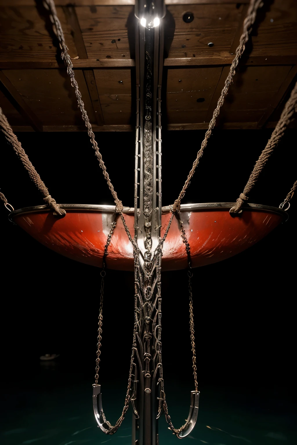 there is a chain that is connected to a boat in the water, chain, chains, large corrente, ((chain)), thick glowing chain, ropes and chain, dormant in chain, intricate chrome chain, blockchain, chainand red fluid background, ropes and chain in background, wearing chain, chain dangling from the ceiling, high quality