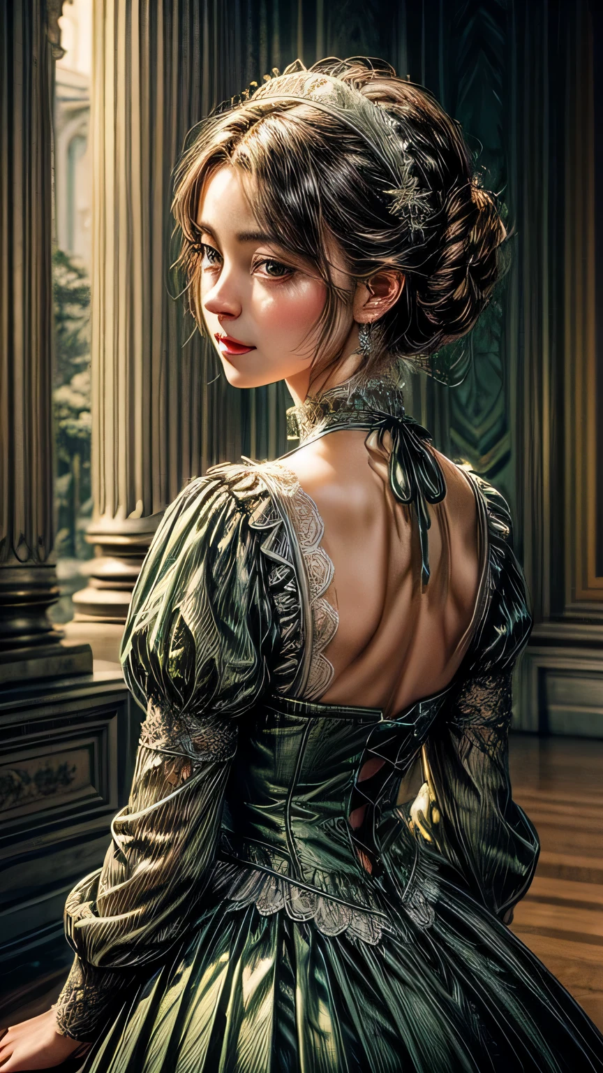 ((high quality work)), The lines are clear and concise., The green dress and beautiful pleated lace complement each other, It enriches the overlap of the whole picture, Elegant Edwardian lace dresses and princess skirts enhance the character, Gesture of turning the back of the hand back , Expresses the gentle and elegant side of women. ((close up of face))、