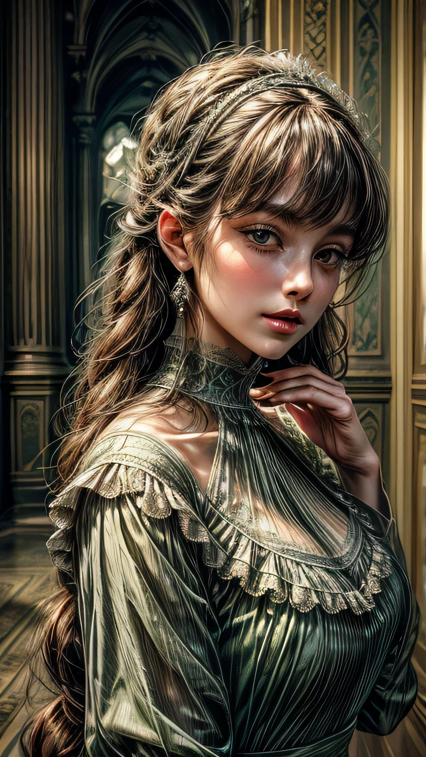 ((high quality work)), The lines are clear and concise., The green dress and beautiful pleated lace complement each other, It enriches the overlap of the whole picture, Elegant Edwardian lace dresses and princess skirts enhance the character, Gesture of turning the back of the hand back , Expresses the gentle and elegant side of women. ((close up of face))、