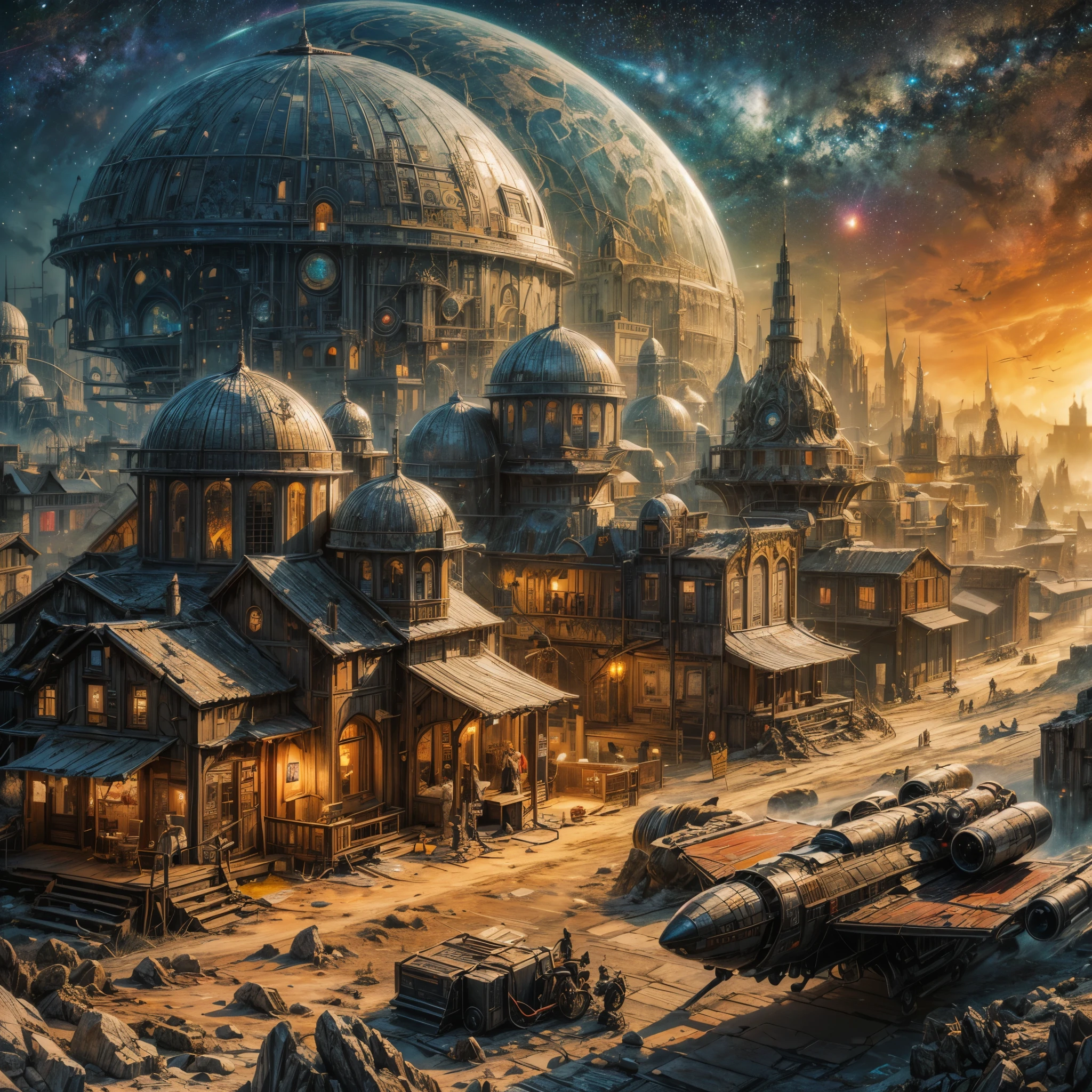 ((Meisterwerk, high quality, artgerm, artstation)), intricate ultra detailliert, vibrant color, hohe Details, a space western city with domed buildings and a run down spaceship under a starry sky, Science-Fiction-Fantasy-Hintergrundbild, detaillierte Science-Fiction-Kunst, Science-Fiction-Fantasy-Kunst, ancient Science-Fiction-Kunst, Science-Fiction-Kunst, in einer Fantasy-Science-Fiction-Stadt, epische Fantasy-Science-Fiction-Illustration, alte Science-Fiction-Stadt, Science-Fiction-Fantasy-Desktop-Hintergrund, Science-Fiction-Kunstwerk