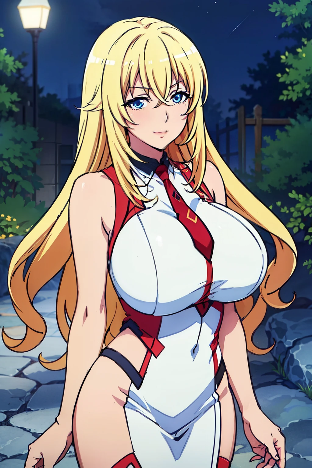 red and white uniform, bare shoulders, necktie, sleeveless shirt, outdoor, night time, yurishia farandole, takeda hiromitsu style, anime cels style, best quality, high resolution, (huge breasts:1.3), cowboy shot, blush, smiling, blonde hair, blue eyes, hair between eyes, long hair, bangs, Beautiful Finger, Beautiful long legs, Beautiful body, Beautiful Nose, Beautiful character design, beautiful face, cowboy shot, looking at viewer