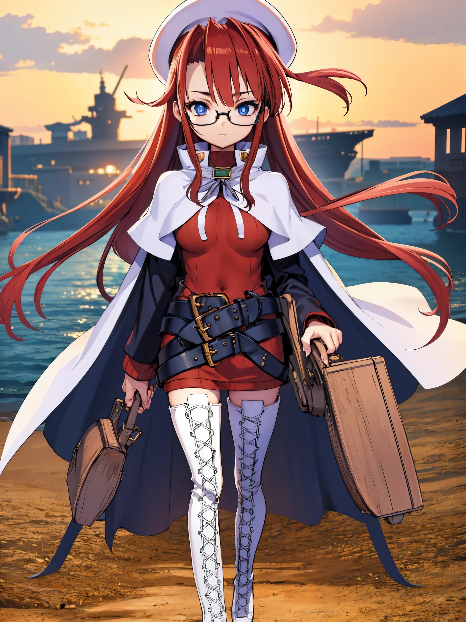 summonnightaty, aty, long hair, blue eyes, red hair, beret, hat, glasses,
BREAK long hair, thighhighs, hat, dress, boots, glasses, belt, cape, sweater, zettai ryouiki, beret, thigh boots, white footwear, ribbed sweater, loose belt,solo,
BREAK outdoors, fantasy,on_a_ship,
BREAK (masterpiece:1.2), best quality, high resolution, unity 8k wallpaper, (illustration:0.8), (beautiful detailed eyes:1.6), extremely detailed face, perfect lighting, extremely detailed CG, (perfect hands, perfect anatomy),covered_nipples,covered_navel,light_smile ,(half_eyes:1.4),sword,armpit,sleepy,dynamic_standing,barrel,red_sweater,apart_legs,magical_effect,pulmp,big_tits,