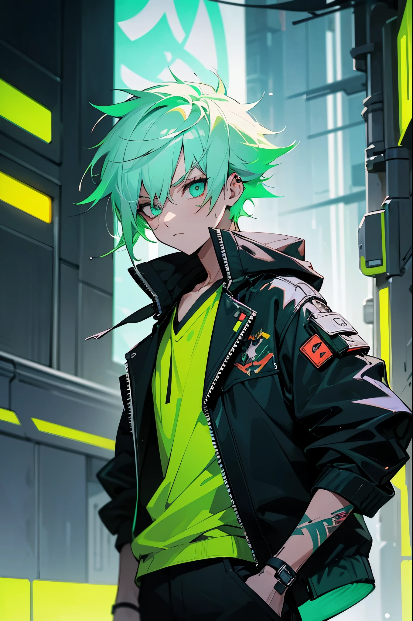 boy, white green hair, cool black open short jacket, tatoos, messy fade cut hair, crazy, on futuristic neon night street background, straight front center, photograpic shot
