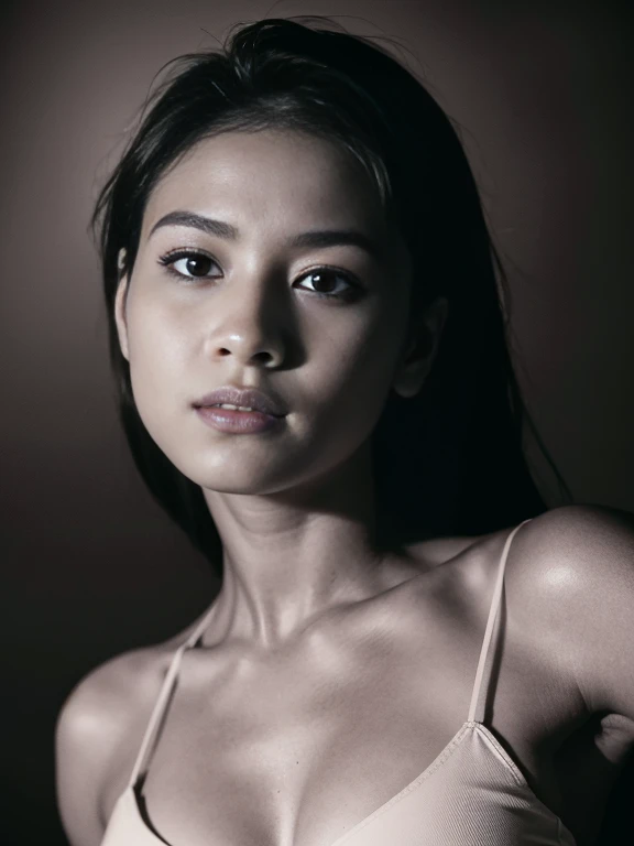 (close-up, editorial photograph of a 21 year old woman), (highly detailed face:1.4) (smile:0.7) (background inside dark, moody, private study:1.3) POV, by lee jeffries, nikon d850, film stock photograph ,4 kodak portra 400 ,camera f1.6 lens ,rich colors ,hyper realistic ,lifelike texture, dramatic lighting , cinestill 800, realistic full body, very small white bikini complete in single rope, small breasts, small butts,