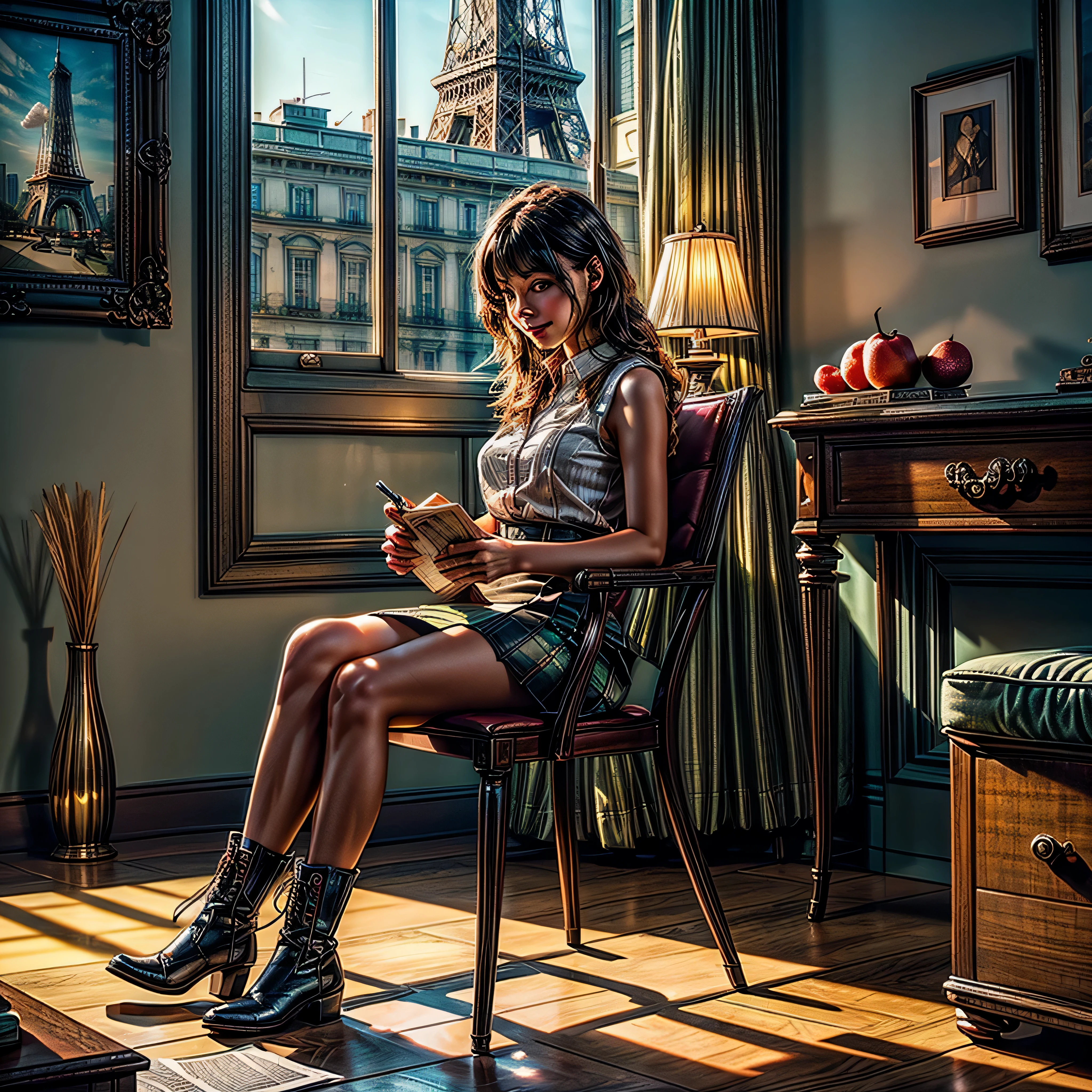 A fine girl, with black hair, she is wearing short shorts and a shirt, she's 18, her eyes are dark brown, coffee, she loves coffee, she is holding a cup of coffee, she is black, has dark skin, Globe World Earth (epic tMasterpiece, ultra highest quality, ultra highest resolution, ultra high-definition, distinct_image, very elaborate CG cinematic_lighting ray_tracing drop_shadows (photorealistic: 1.4), ultra high-quality textures fine-grained realistic face expression): (Epic gorgeous girl brown short hair bulb frange big sparkling eyes, Eye level shot, happy smile, beauty, slim body small size breasts, holiday, own room, console disco, computer, display, keyboard, mouse, long leather skirt, collared shirt, leather vest, handgun holder, carrying leather bag on your back, long boots, antique radio, coffee, model train, bookshelf, spacious yellowchair, Pots, fans, paintings, stuffed animals, ties, notebooks, stationery, vases, photo frames, letters, fountain pens, calendars, lamps, cushions, baskets, mirrors reflecting in profile, candles, telephone, fruit, newspapers, sweets, city Eiffel view outside the window), Pendulum clock frog, varied multi etc. --v6 --s1000 --c20 --q5 --chaos100
