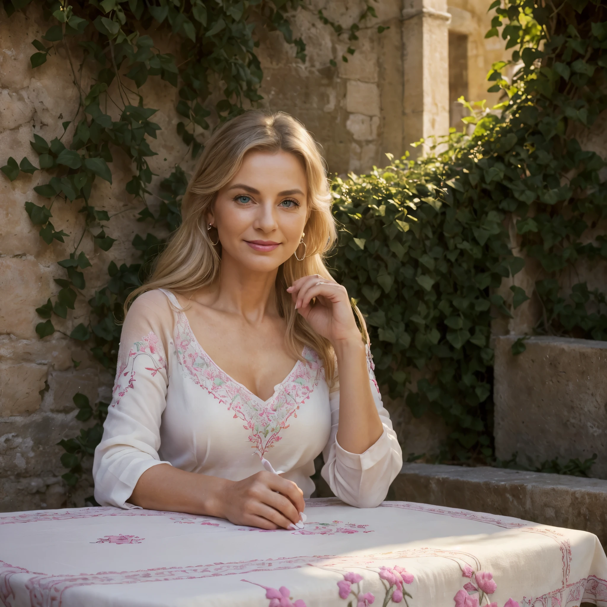 (wide angle shot), documentary photo of a 70 year old European elder woman, athletic body, realistic hands, in sassi_di_matera, standing outdoor in the town of Matera, 1woman, (solo woman), ((full body portrait)), red lips, mature women, cosmetic, big eyes, beautiful eyes, ((the woman is busy sewing an embroidered white tablecloth)), ((full body)), ((Random shooting angle)), (best quality, masterpiece:1.2), Super detailed, (actual:1.37), beautiful, sage, Charming sage woman with (delicate eyes, Detailed lips, extremely delicate eyes), colorful shawl on the shoulders, Bordeau shirt, show a bright smile, Create stunning woman images, Warm colors, Extremely high color saturation, official art, Extremely detailed CG unified 8k wallpaper, (high dynamic range :1.4), (cinematic), (pastel colors, dull color, soothing tone :1.3), (natural skin texture, ultra-actual, soft light, sharp), (Very detailed), night, moonlight, In an antique court, Sitting on the bench against a tuff wall, ivy, climbing plants on the walls