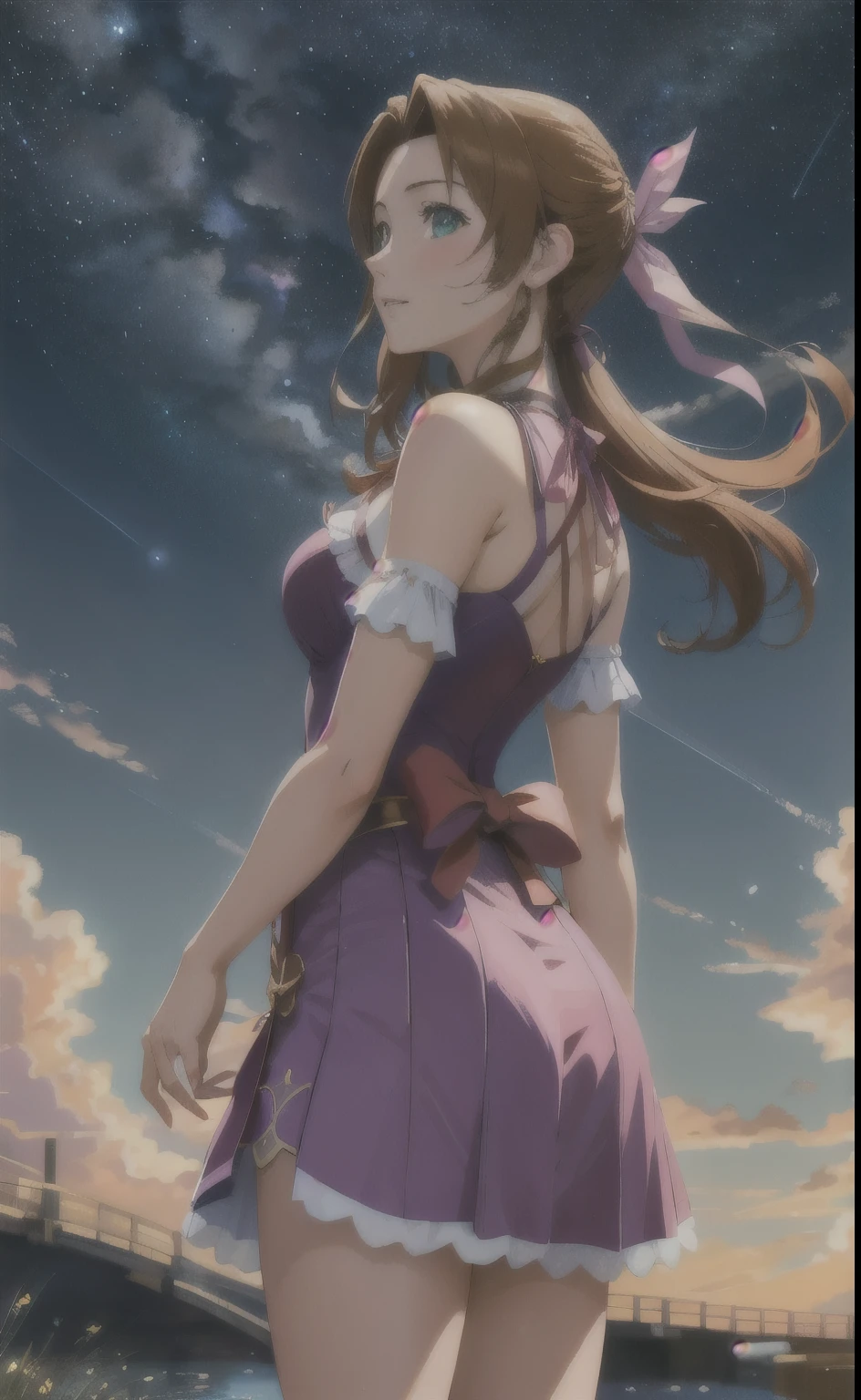 anime, midnight, outdoors, your name, deep night, starry sky, blue sky, perfect female figure, Aerith Gainsborough, pink ribbon, green eyes, profile view, looking sideways straight at me, notices me, shoulder, hands down, relaxed, shy, happy, comfortable, realism, hyperrealism, multiple views, perspective, accurate, masterpiece, highres, UHD, anatomically correct, super detail, best quality, highres, 8k, orange hair