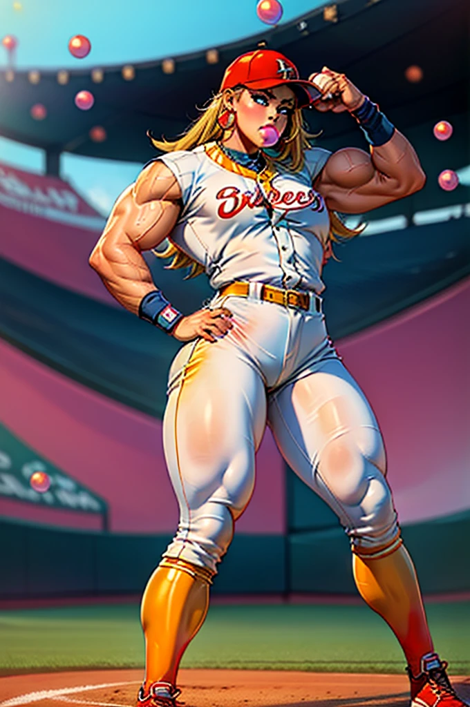 1980's, female, inflating anarchypanty, blonde, blue eyes, makeup, extra long hair, earrings, halo, (blow bubble gum:1.2), (Baseball blue and gold uniform with pants), (blue and gold baseball cleats), (wearing bright red baseball batters cap), (muscle inflation:0.9), (bulky muscular legs), (bulky muscle:1.1), (blow bubble gum:1.4), pleasurable look on face, standing on outdoor baseball home plate in all female sports stadium, (pitching baseball towards camera)