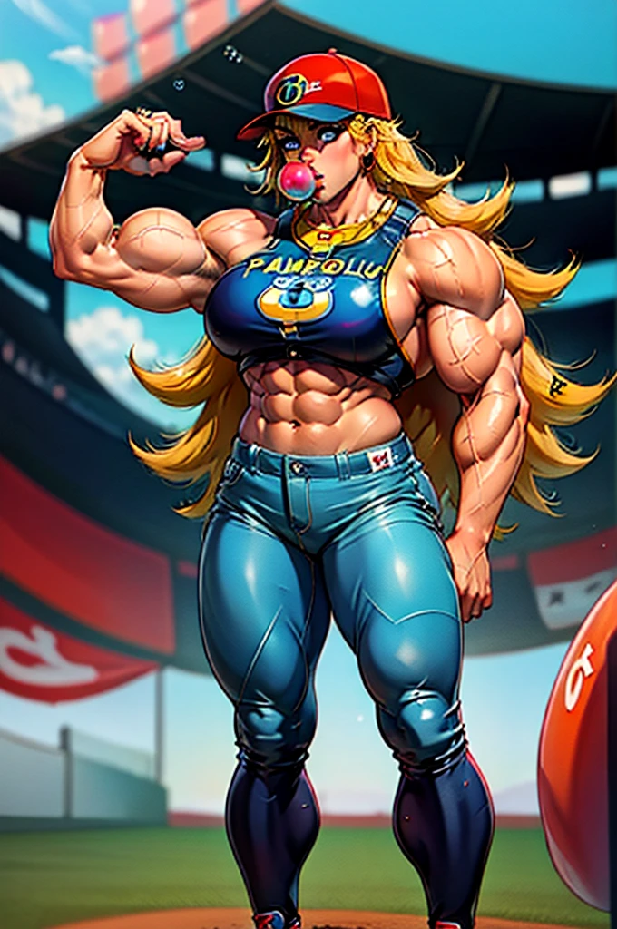 1980's, female, inflating anarchypanty, blonde, blue eyes, makeup, extra long hair, earrings, halo, (blow bubble gum:1.2), (Baseball blue and gold uniform with pants), (blue and gold baseball cleats), (wearing bright red baseball batters cap), (muscle inflation:0.9), (bulky muscular legs), (bulky muscle:1.1), (blow bubble gum:1.4), pleasurable look on face, standing on outdoor baseball home plate in all female sports stadium, (pitching baseball towards camera)