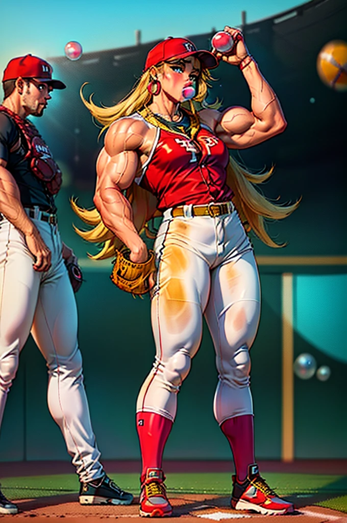 1980's, female, inflating anarchypanty, blonde, blue eyes, makeup, extra long hair, earrings, halo, (blow bubble gum:1.2), (Baseball blue and gold uniform with pants), (blue and gold baseball cleats), (wearing bright red baseball batters cap), (muscle inflation:0.9), (bulky muscular legs), (bulky muscle:1.1), (blow bubble gum:1.4), pleasurable look on face, standing on outdoor baseball home plate in all female sports stadium, (pitching baseball towards camera)