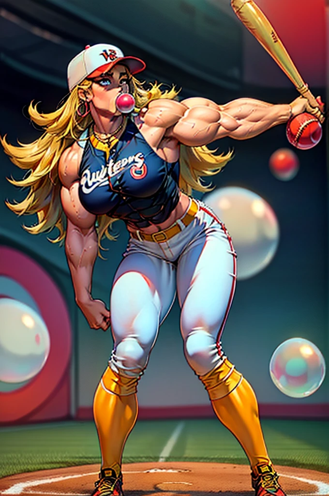 1980's, female, inflating anarchypanty, blonde, blue eyes, makeup, extra long hair, earrings, halo, (blow bubble gum:1.2), (Baseball blue and gold uniform with pants), (blue and gold baseball cleats), (wearing bright red baseball batters cap), (muscle inflation:0.9), (bulky muscular legs), (bulky muscle:1.1), (blow bubble gum:1.4), pleasurable look on face, standing on outdoor baseball home plate in all female sports stadium, (pitching baseball towards camera)