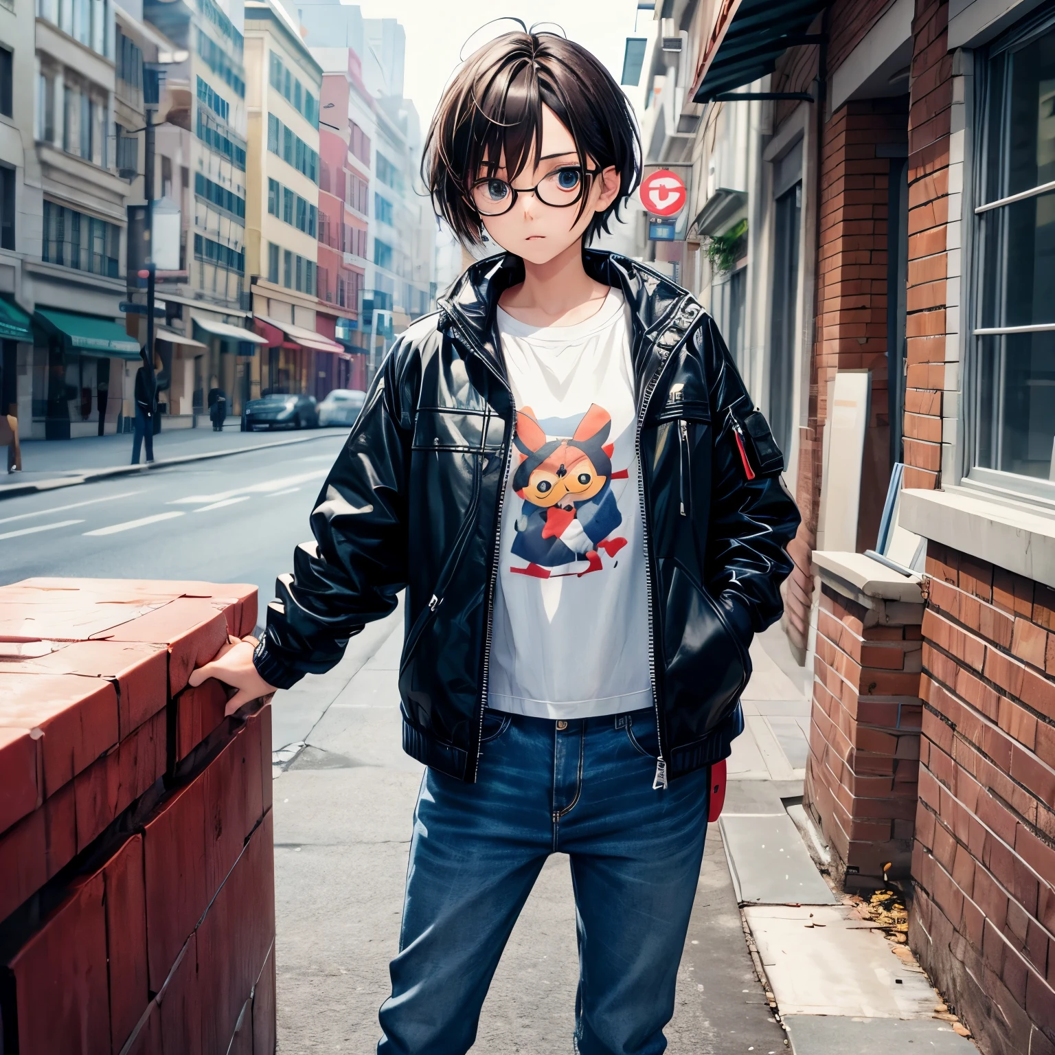 Tomboy girl wearing a jacket, standing up, looking at the camera, wearing glasses