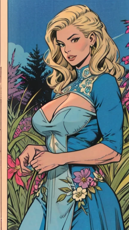 masterpiece,extremely beautiful woman,highly detailed beautiful face,big eyelahes,minimum waist,blue soft dress, straight blonde hair,excellent sense,American Comics,(((The Perfect One Woman))),(((one person))),colorful,highly detailed body,florish garden in the background