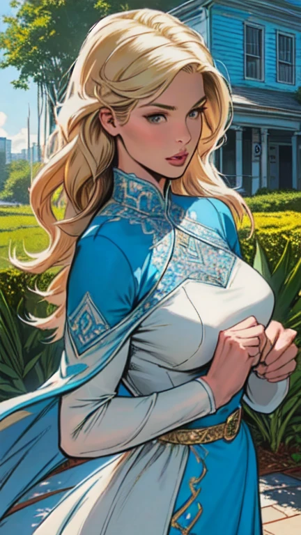 masterpiece,extremely beautiful woman,highly detailed beautiful face,big eyelahes,minimum waist,blue soft dress, straight blonde hair,excellent sense,American Comics,(((The Perfect One Woman))),(((one person))),colorful,highly detailed body,florish garden in the background