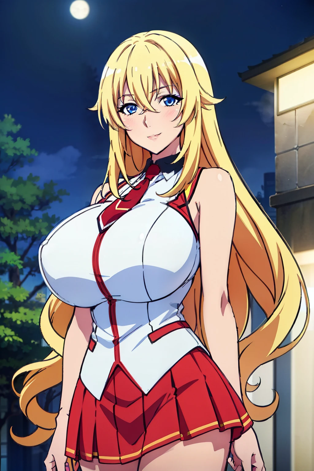 red and white uniform, bare shoulders, necktie, sleeveless shirt, red pleated skirt, outdoor, night time, yurishia farandole, takeda hiromitsu style, anime cels style, best quality, high resolution, (huge breasts:1.3), cowboy shot, blush, smiling, blonde hair, blue eyes, hair between eyes, long hair, bangs, Beautiful Finger, Beautiful long legs, Beautiful body, Beautiful Nose, Beautiful character design, beautiful face, cowboy shot, looking at viewer