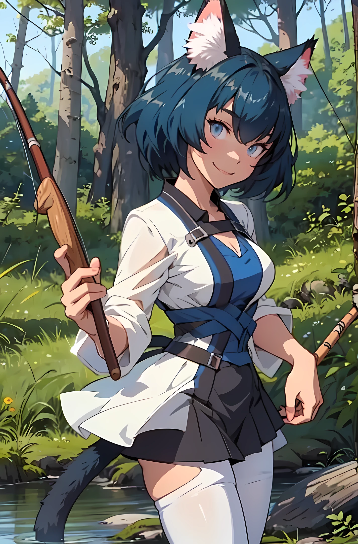 Anime, miria, cat ears, (cat tail), fishing, Chaos, holding (fishing rod) in hand, masterpiece ,pantyhose, boots,magicalgirl body suit, large skirt, smile,standing, forest, blue hair