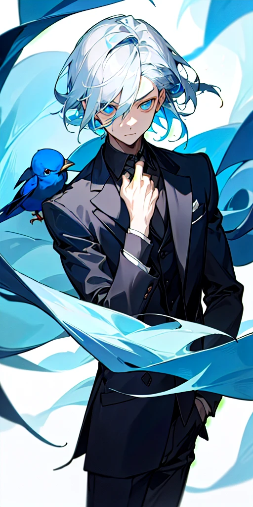 (masterpiece, best quality),1boy with silver hair has blue ocean like eyes wearing a black suit and have cool demeanor and to his right is a blue bird