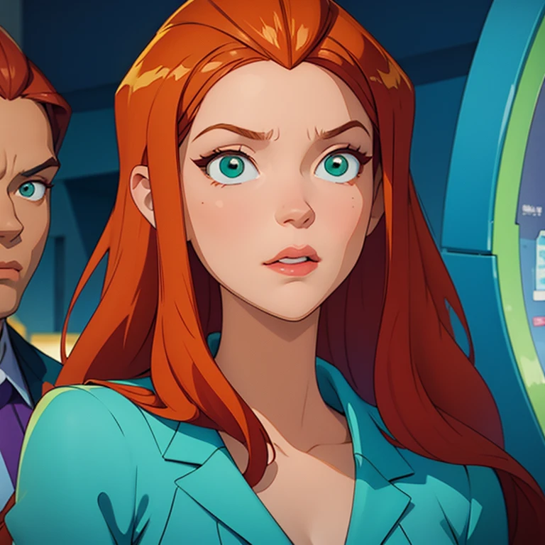 sam \(totally spies\), orange hair, long hair, green eyes, expressionless, full head, showing both ears, closed lips