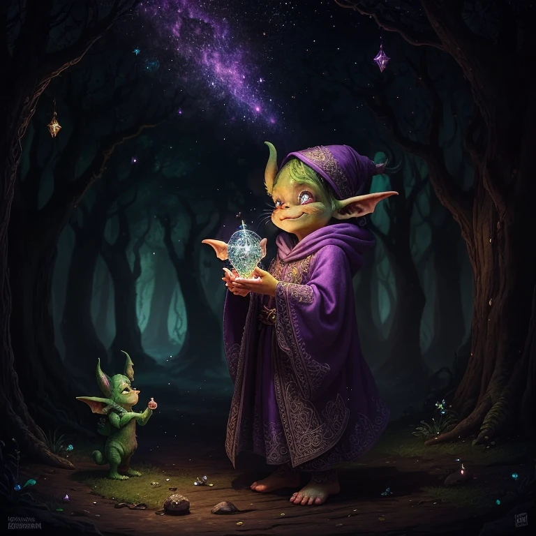 Picture a whimsical goblin in a magical forest, adorned in vibrant purple robes intricately embroidered with shining stars. The goblin's pointed hat sits atop its head, its edges adorned with sparkling gemstones. Its playful eyes twinkle with mischief and magic, gleaming with a hint of mischief. The goblin's pointy ears perk up, catching the faintest whispers of the enchanted wind. Its tiny hands are covered in intricate black lines, as if inked with ancient runes. The goblin's posture is confident and proud, exuding an aura of enchant