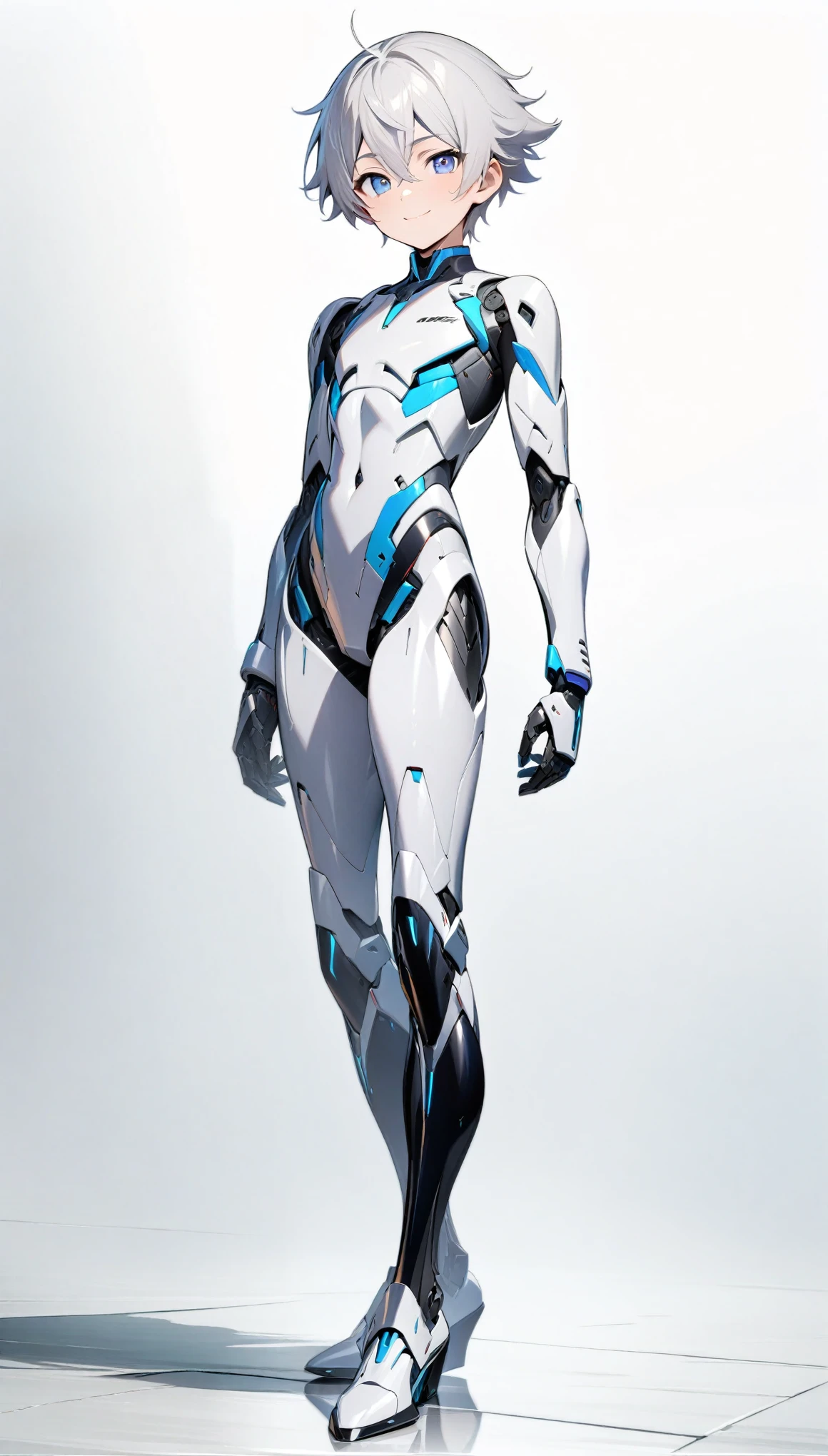 (((masterpiece:1.5))), full body image, anime robot boy, 1boy, ((shota)), shiny, ((white)), smooth, (((sleek))) robot body with accents, heeled feet, silver hair, gentle face, blue eyes, calm, smiling expression, plain white background