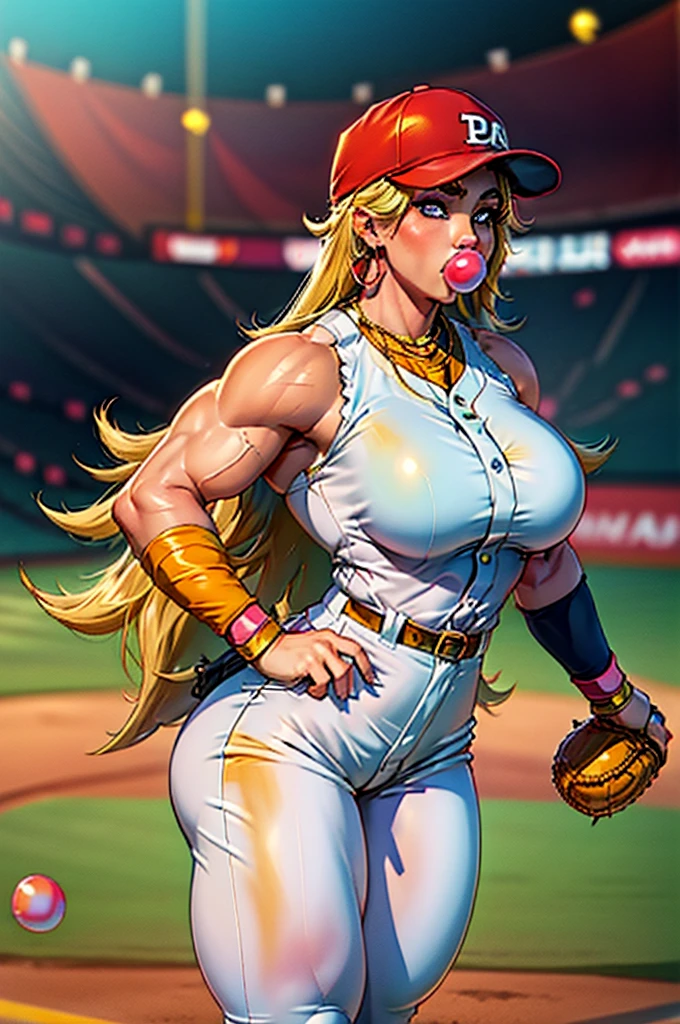 1980's, female, inflating anarchypanty, blonde, blue eyes, makeup, extra long hair, earrings, halo, (blow bubble gum:1.2), (Baseball blue and gold uniform with pants), (blue and gold baseball cleats), (wearing bright red baseball batters cap), (big breasts:1.3), (muscle inflation:0.9), (bulky muscular legs), (bulky muscle:1.1), (blow bubble gum:1.4), pleasurable look on face, standing on outdoor baseball home plate in all female sports stadium, (pitching baseball towards camera)