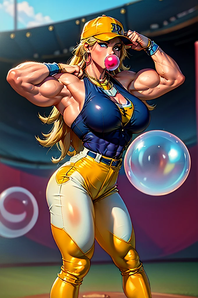 1980's, female, inflating anarchypanty, blonde, blue eyes, makeup, extra long hair, earrings, halo, (blow bubble gum:1.2), (Baseball blue and gold uniform with pants), (blue and gold baseball cleats), (wearing bright red baseball batters cap), (big breasts:1.3), (muscle inflation:0.9), (bulky muscular legs), (bulky muscle:1.1), (blow bubble gum:1.4), pleasurable look on face, standing on outdoor baseball home plate in all female sports stadium, (pitching baseball towards camera)