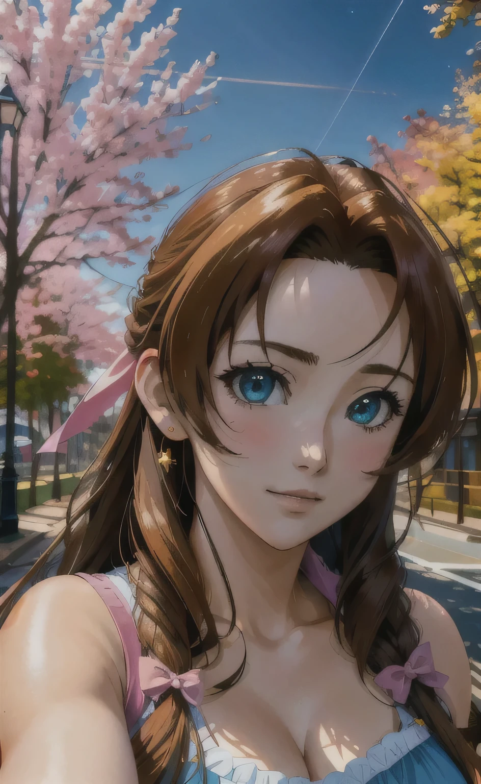 anime, midnight, saturated colors, outdoors, your name, deep night, starry sky, blue sky, perfect female figure, Aerith Gainsborough, pink ribbon, green eyes, profile view, looking straight at me, notices me, looking into my eyes, shoulder, hands down, relaxed, shy, happy, comfortable, realism, hyperrealism, multiple views, perspective, accurate, masterpiece, highres, UHD, anatomically correct, super detail, best quality, highres, 8k, orange hair
