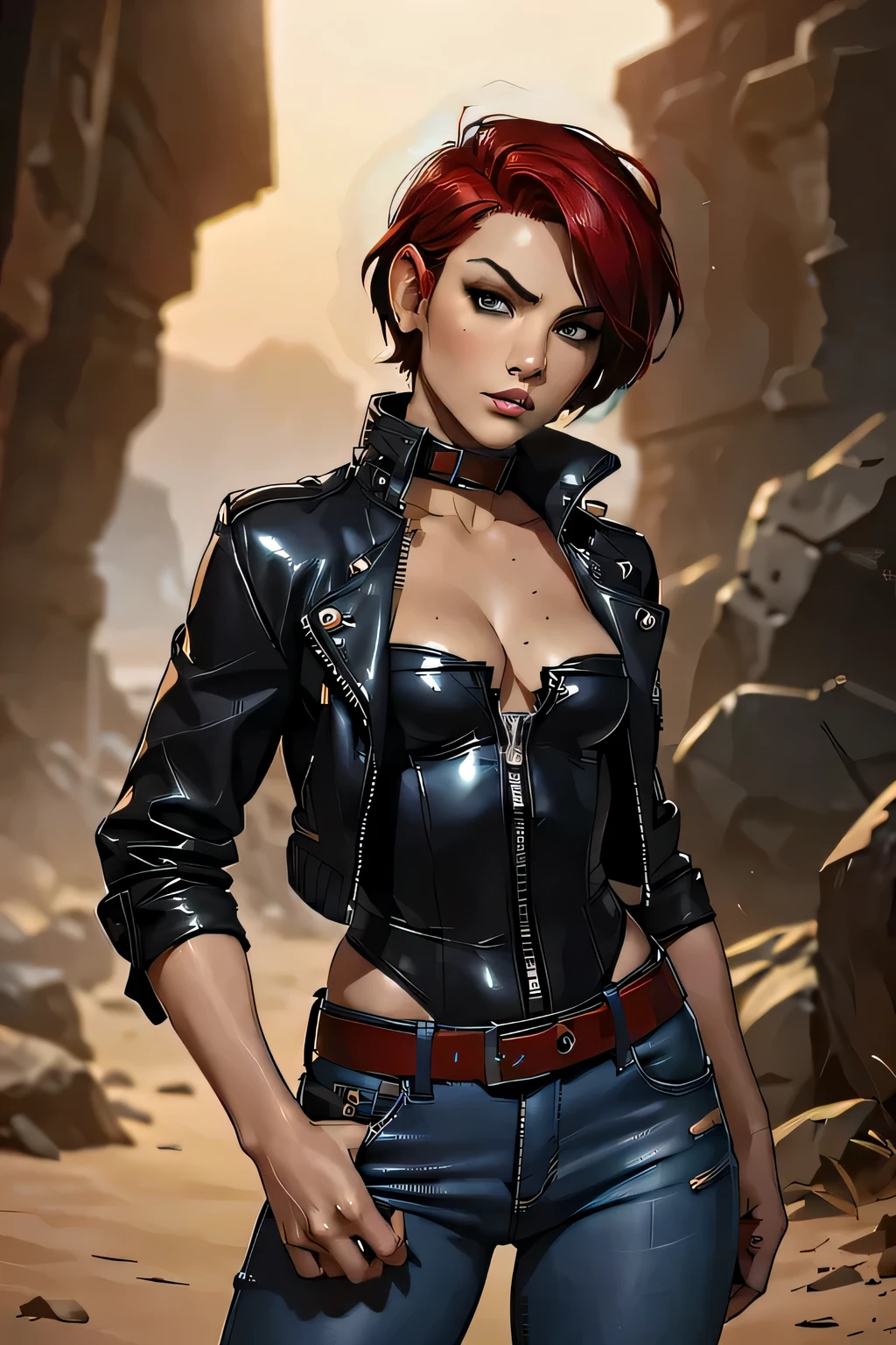 woman with short red pixie undercut hairstyle, desert ranger, lilith from borderlands style clothing, (black leather bolero jacket), (red leotard under jacket), tight blue jeans, detailed comics style portrait, better hands and fingers