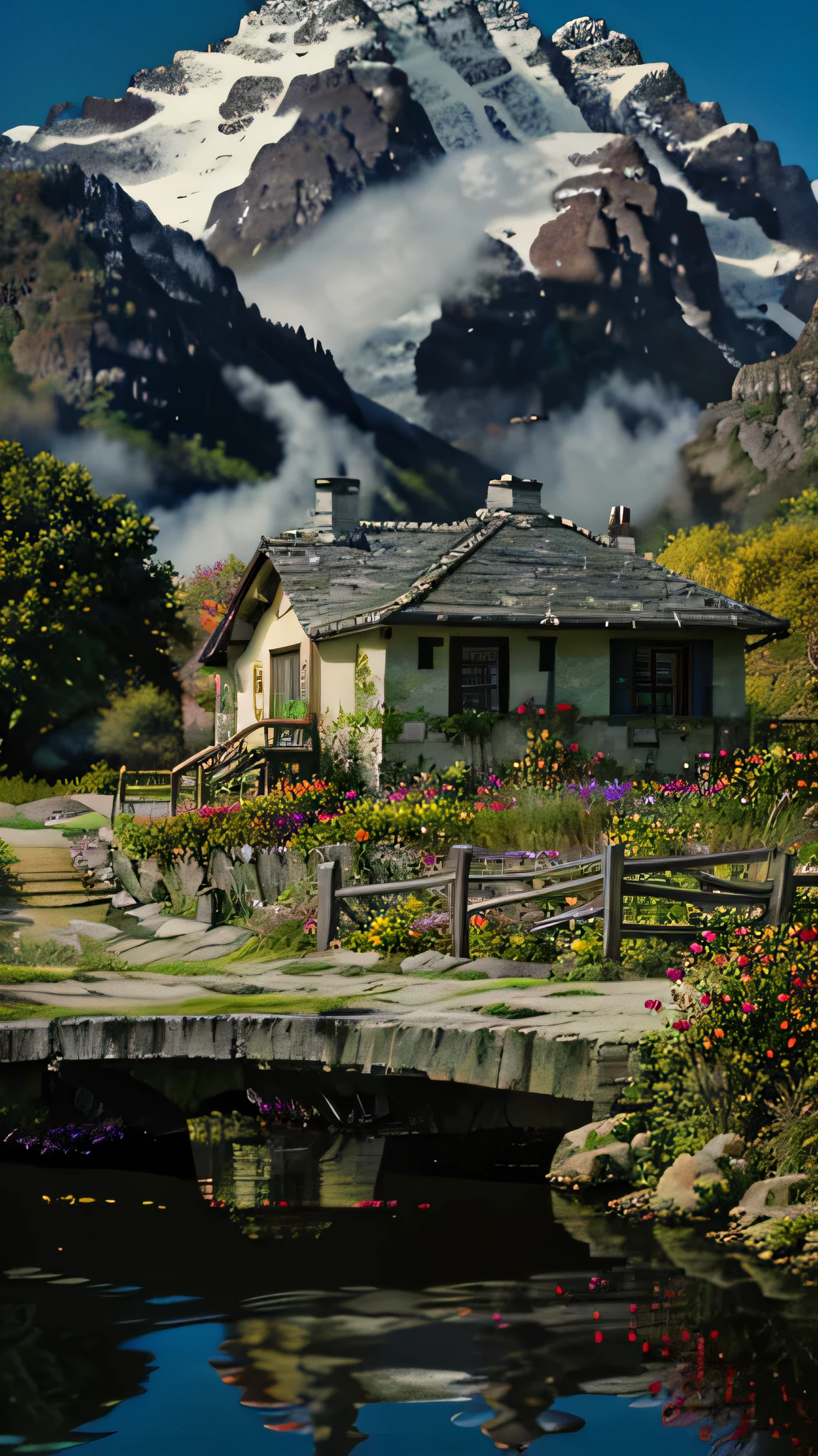 (scenery, masterpiece, best quality:1.6), no human, landscape, 8k, raw photo, absurdres, (open sky,red and orange sky:1.2), cloud, river, a camp house (woods, small waterfall, weeds:0.8),a small house made of stone. rock path leads to the river. flowers colorful,rocks,white wood fences,rock path along to river.perspective, depth of field, HDR, sharp focus, highres, photography, realistic, highest detailed, extreme detailed, ultra detailed, finely detail,sky red and orange