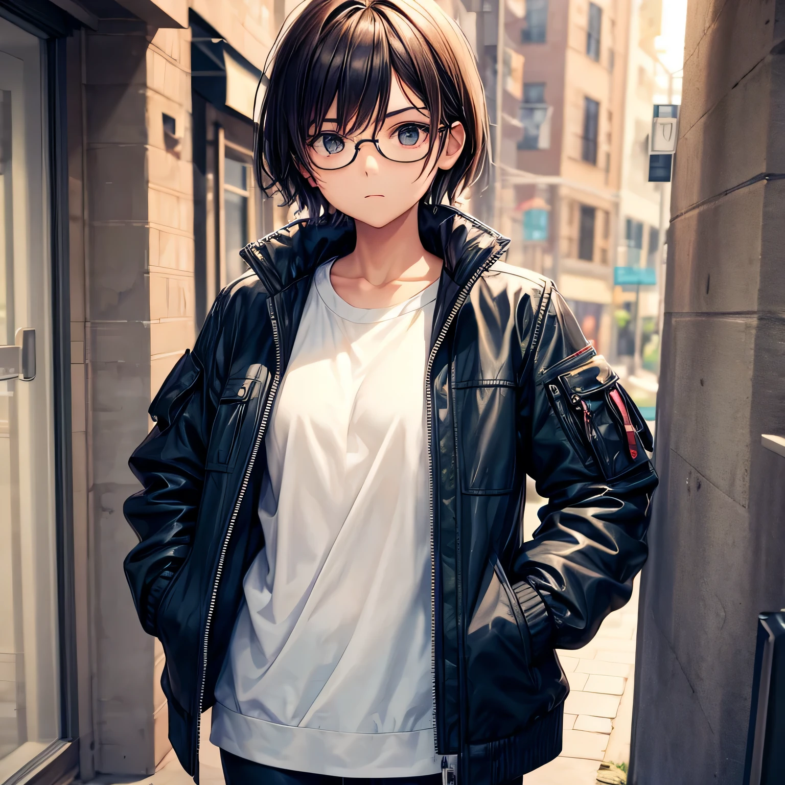 Tomboy girl wearing a jacket, standing up, looking at the camera, wearing glasses