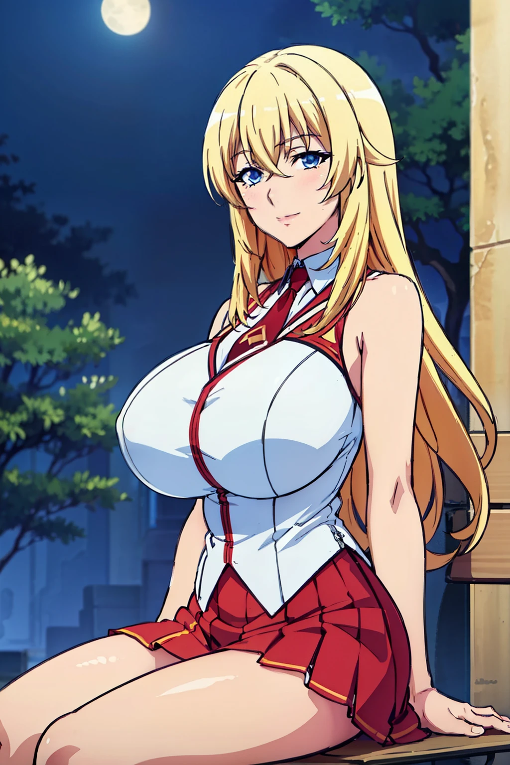 Sitting on bench, red and white uniform, bare shoulders, necktie, sleeveless shirt, red pleated skirt, outdoor, night time, yurishia farandole, takeda hiromitsu style, anime cels style, best quality, high resolution, (huge breasts:1.3), cowboy shot, blush, smiling, blonde hair, blue eyes, hair between eyes, long hair, bangs, Beautiful Finger, Beautiful long legs, Beautiful body, Beautiful Nose, Beautiful character design, beautiful face, cowboy shot, looking at viewer