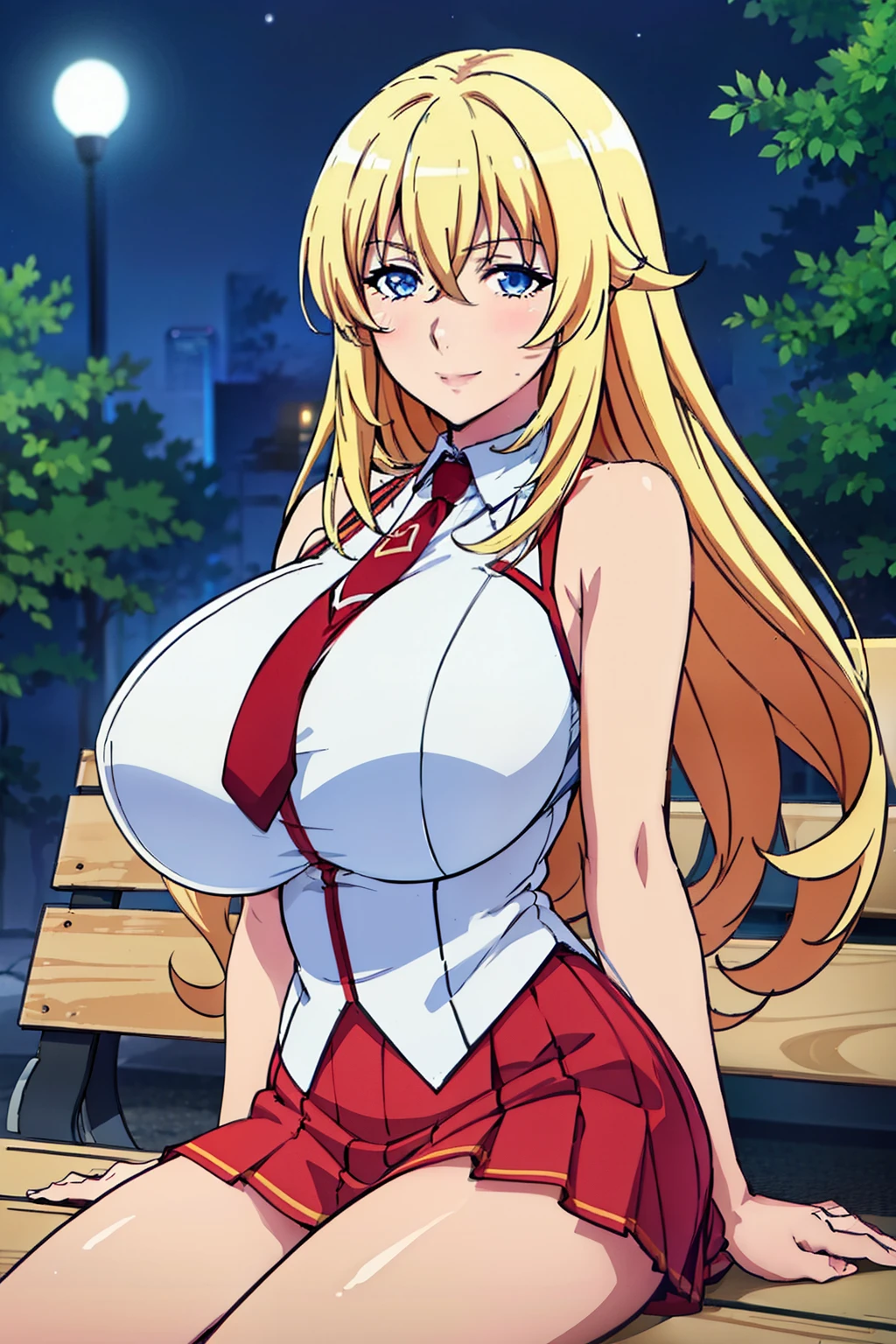 Sitting on bench, red and white uniform, bare shoulders, necktie, sleeveless shirt, red pleated skirt, outdoor, night time, yurishia farandole, takeda hiromitsu style, anime cels style, best quality, high resolution, (huge breasts:1.3), cowboy shot, blush, smiling, blonde hair, blue eyes, hair between eyes, long hair, bangs, Beautiful Finger, Beautiful long legs, Beautiful body, Beautiful Nose, Beautiful character design, beautiful face, cowboy shot, looking at viewer