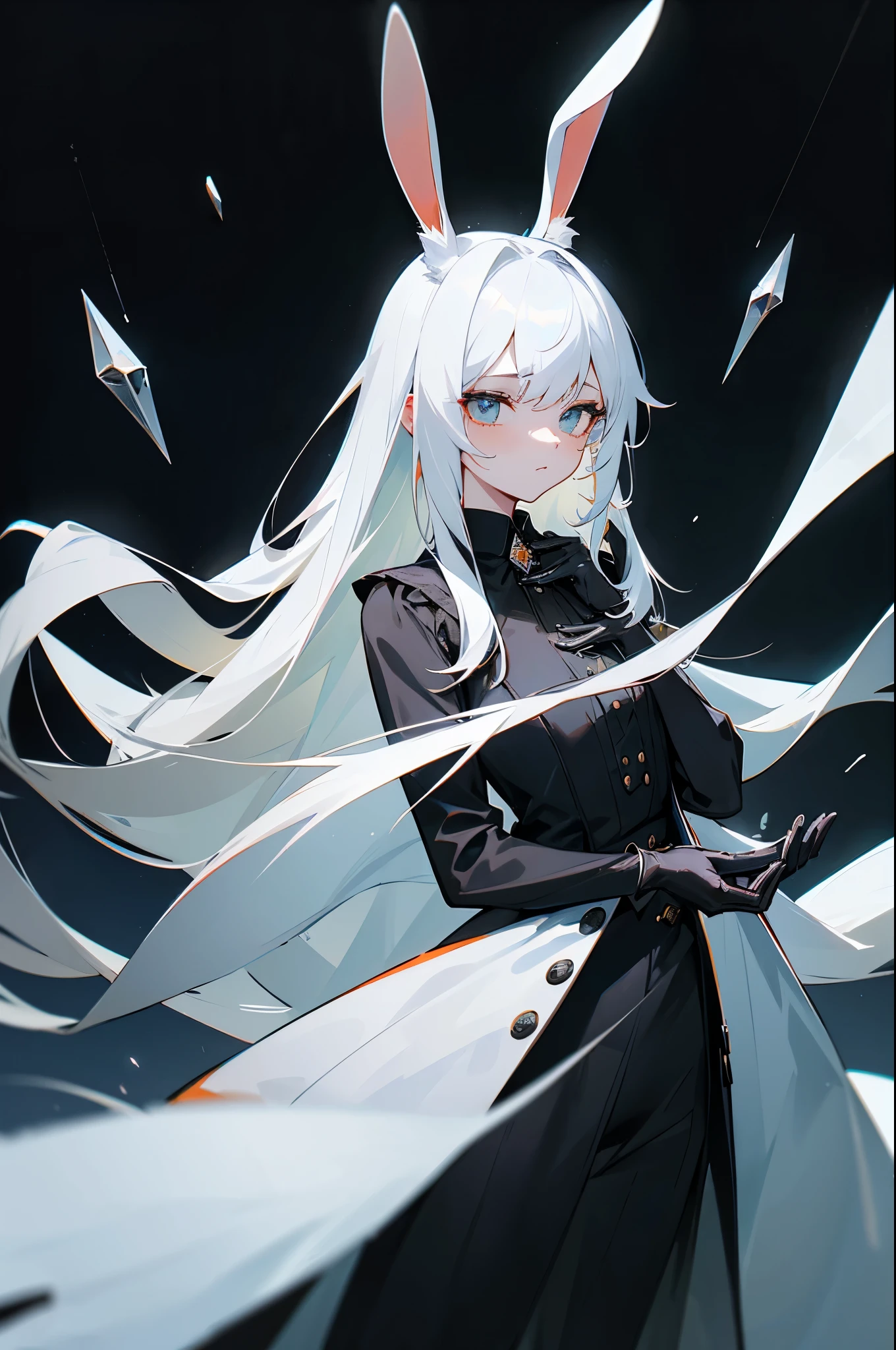 The background is full of cold,White-haired girl with rabbit ears,A black hairpin is buttoned in his hair,Wearing a white coat,Inside was a black dress,An orange band hangs from the clothes,Lets you wear black gloves,Black stones with metallic sheen grow on bare arms,Holding an ice crystal in his hand