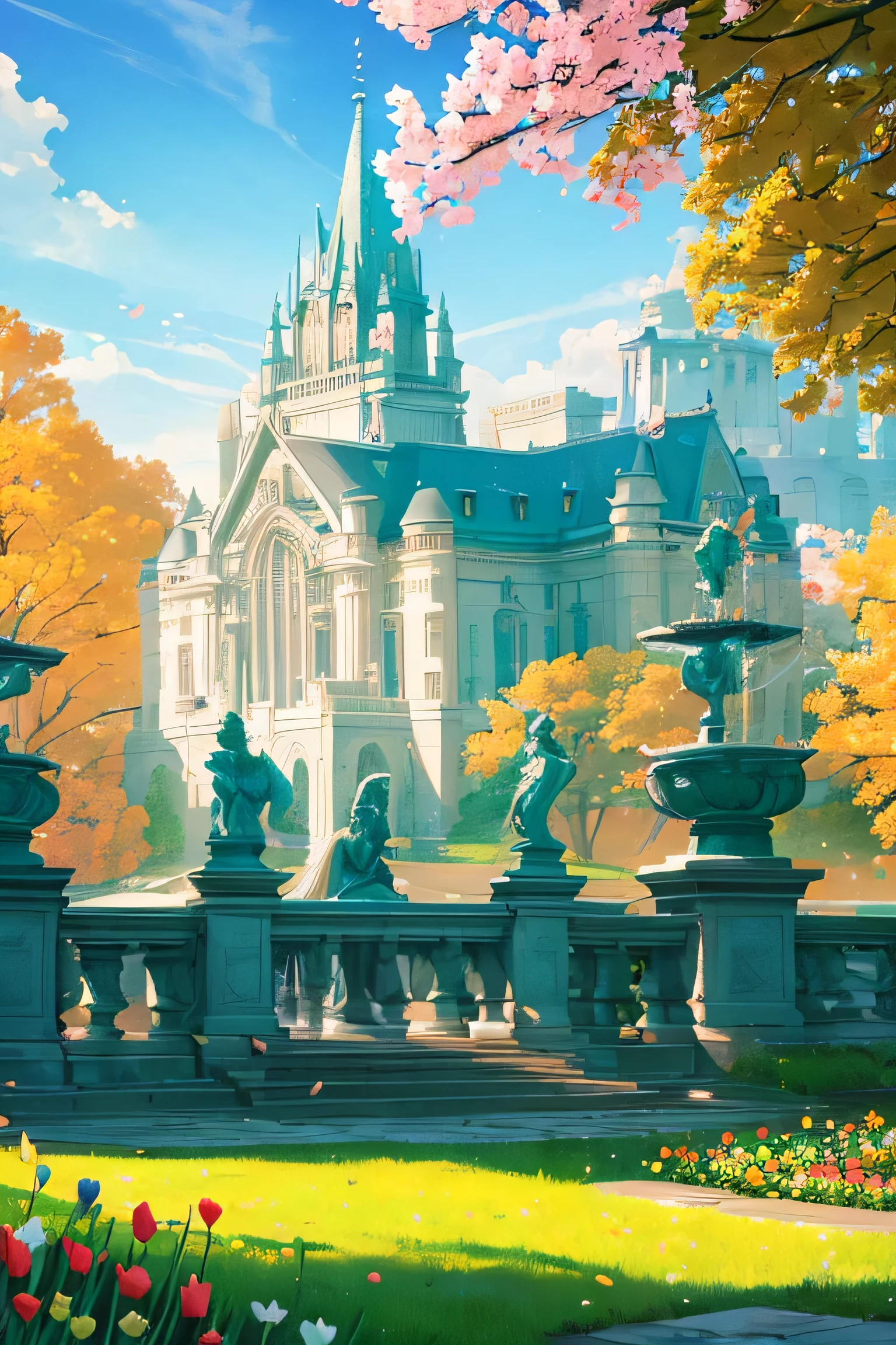 (best quality,4k,8k,highres,masterpiece:1.2),ultra-detailed,(realistic,photorealistic,photo-realistic:1.37),castle,clear sky,clouds,garden at front,eith flowers,soothing winds blowing,historic stone construction,imposing towers,beautifully carved windows,golden sunlight streaming through,grand entrance gate,royal flags waving gently,historic architecture,ornate decorations,serene atmosphere,vibrant green grass,manicured hedges,colorful blooms,blooming roses and tulips,peaceful water fountain,sculpted statues,dappled light and shadows,inviting pathway,stone bridge over a moat,enchanted feel,majestic view,tranquil garden,ethereal ambiance,peaceful haven,storybook-like setting,romantic touch,ancient charm,classical beauty,harmony with nature,visual poetry,awe-inspiring structure,serene harmony,dreamlike landscape
