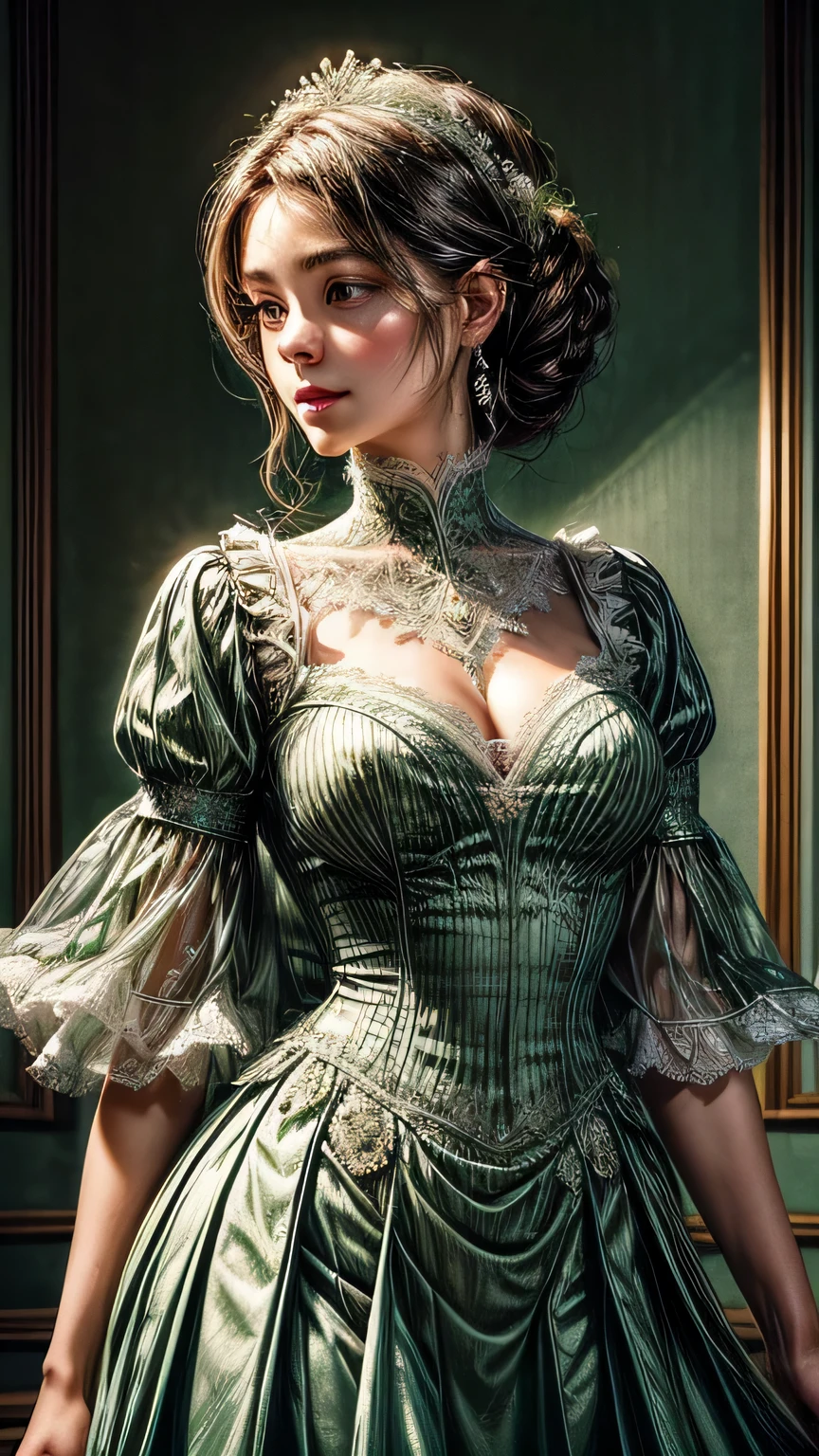 ((high quality work)), The lines are clear and concise., The green dress and beautiful pleated lace complement each other, It enriches the overlap of the whole picture, Elegant Edwardian lace dresses and princess skirts enhance the character, Gesture of turning the back of the hand back , Expresses the gentle and elegant side of women. ((close up of face))､