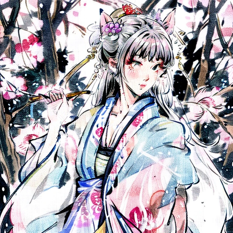 A hyper-realistic, highly detailed, and high-resolution 16k image of a young, beautiful female ghost or guardian spirit. She has light pink hair and translucent skin, and is dressed in a traditional Japanese kimono with a small cherry blossom design on the obi. The image captures the ethereal beauty and mystique of the spirit world. The style is inspired by the delicate, soft aesthetic found in traditional Japanese art.