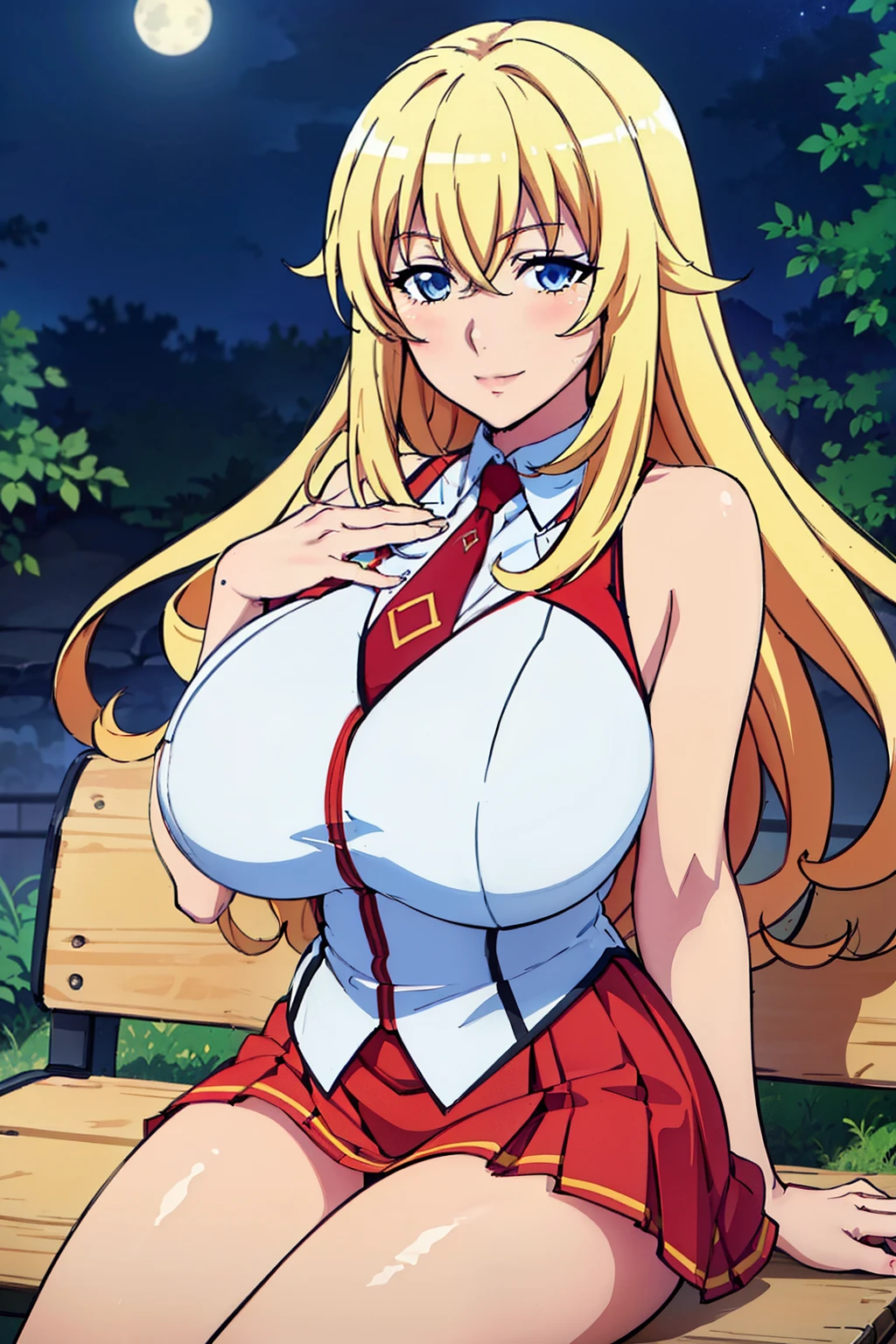 Sitting on bench, (grabbing her breasts pose), red and white uniform, bare shoulders, necktie, sleeveless shirt, red pleated skirt, outdoor, night time, yurishia farandole, takeda hiromitsu style, anime cels style, best quality, high resolution, (huge breasts:1.3), cowboy shot, blush, smiling, blonde hair, blue eyes, hair between eyes, long hair, bangs, Beautiful Finger, Beautiful long legs, Beautiful body, Beautiful Nose, Beautiful character design, beautiful face, cowboy shot, looking at viewer