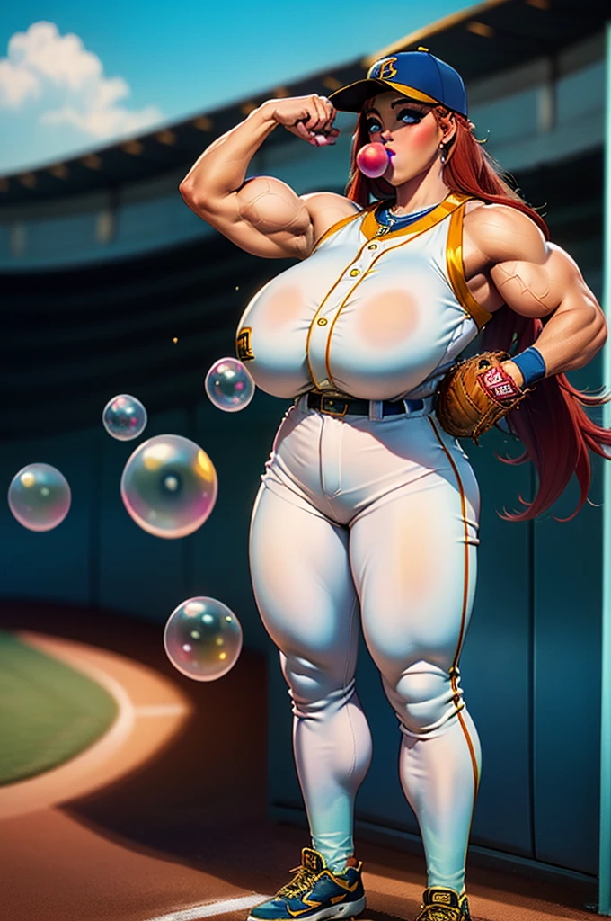 1980's, female, inflating hitomi-t, red hair, blue eyes, makeup, extra long hair, earrings, halo, (blow bubble gum:1.2), (Baseball blue and gold uniform with pants), (blue and gold baseball cleats), (wearing bright red baseball batters cap), (big breasts:1.3), (muscle inflation:0.9), (bulky muscular legs), (bulky muscle:1.1), (blow bubble gum:1.4), pleasurable look on face, standing on outdoor baseball home plate in all female sports stadium, (pitching baseball towards camera)