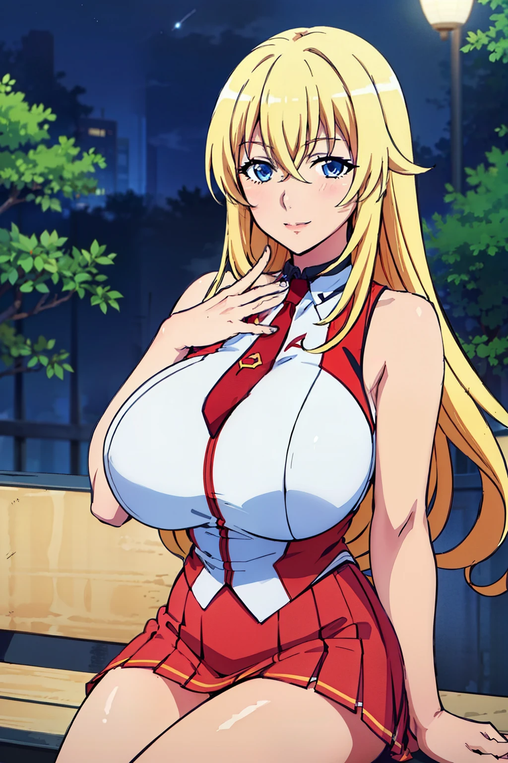 Sitting on bench, (grabbing her breasts pose), red and white uniform, bare shoulders, necktie, sleeveless shirt, red pleated skirt, outdoor, night time, yurishia farandole, takeda hiromitsu style, anime cels style, best quality, high resolution, (huge breasts:1.3), cowboy shot, blush, smiling, blonde hair, blue eyes, hair between eyes, long hair, bangs, Beautiful Finger, Beautiful long legs, Beautiful body, Beautiful Nose, Beautiful character design, beautiful face, cowboy shot, looking at viewer