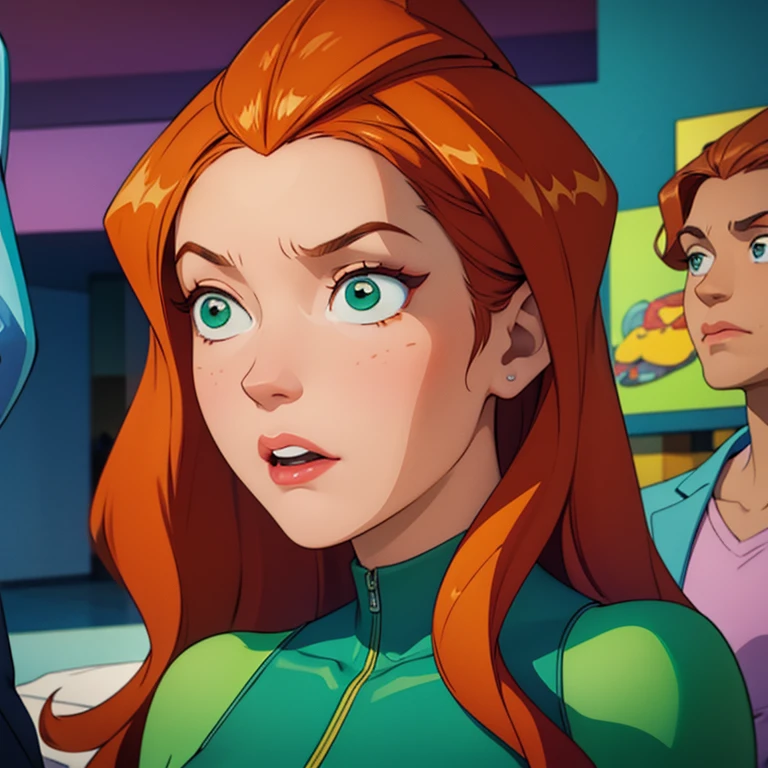 sam \(totally spies\), orange hair, long hair, green eyes, green body suit, surprised, showing both ears, closed lips, (focus face)