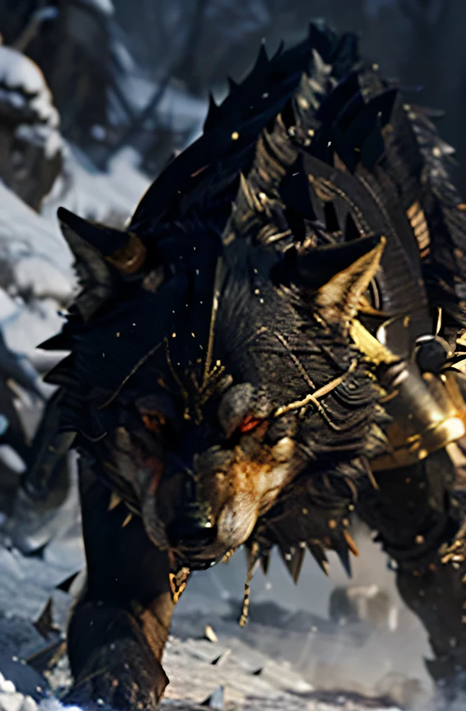 masterpiece, 1 big magical wolf wearing a battle armor , showing his fangs , there is a gold spike magical collar in his neck, releasing some dark aura from his body, 