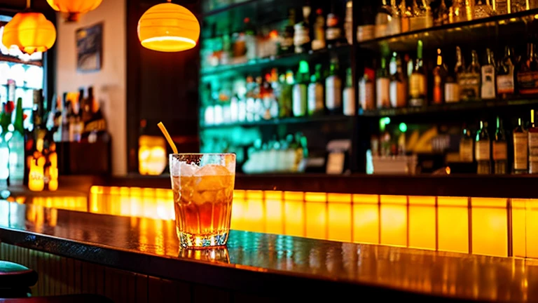 Landscape of the BAR　glass of alcohol　　Orange light on the ceiling　