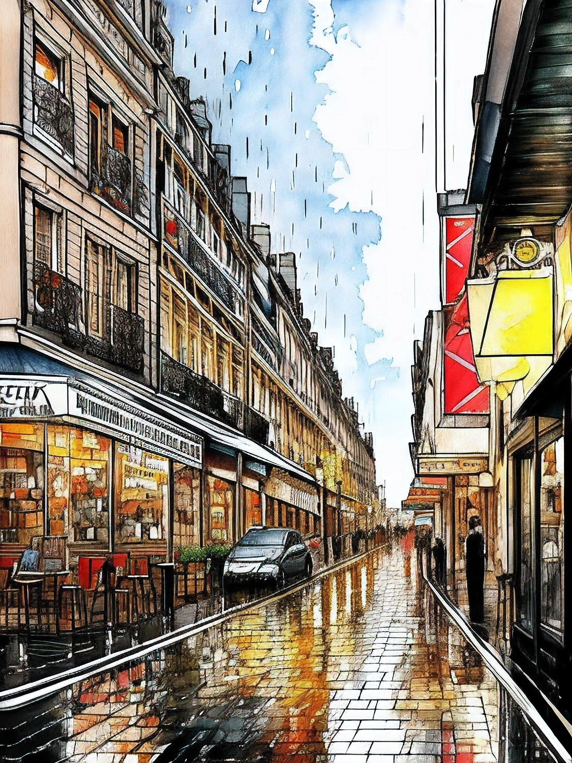 The rain-drenched streets,The buildings are illuminated by streetlights,The streets of Paris,Stylish cut, postcard, artistic,Scribble style,Clear, bold, thick outlines, fashion design sketch, female,Slim tail,Rough coloring, watercolor painting