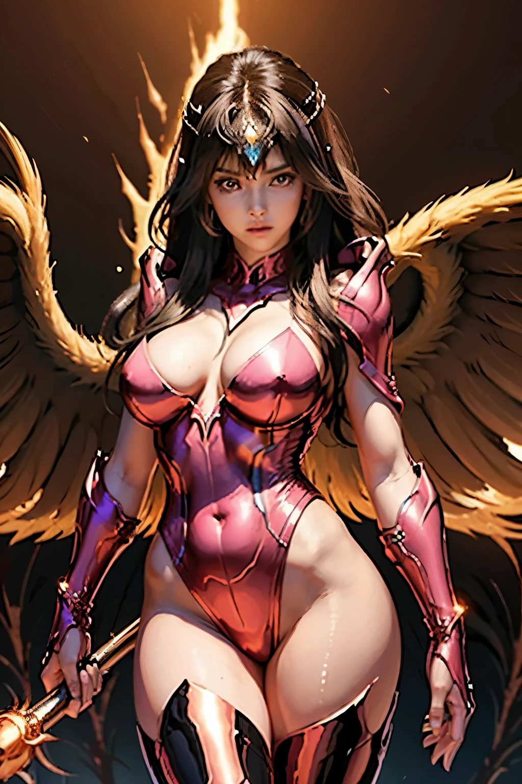 In the midst of the 5D ultra quality HD 9K style scene, a seductive Garuda humanoid cyborg girl emerges, her novaria body glowing with an otherworldly allure. Her asura masterpiece form radiates an evil aura, her curves accentuated by the shadows casting on the lava-filled background. The meteorites in the distance add to the ominous atmosphere, their reflections gleaming off her shiny cybox exterior. With a sexually charged gaze, she strikes a pose, her wings raised high, evoking a sense of ultimate power and allure. The background is a masterpiece of shadow and light, the lava meteorites illumin