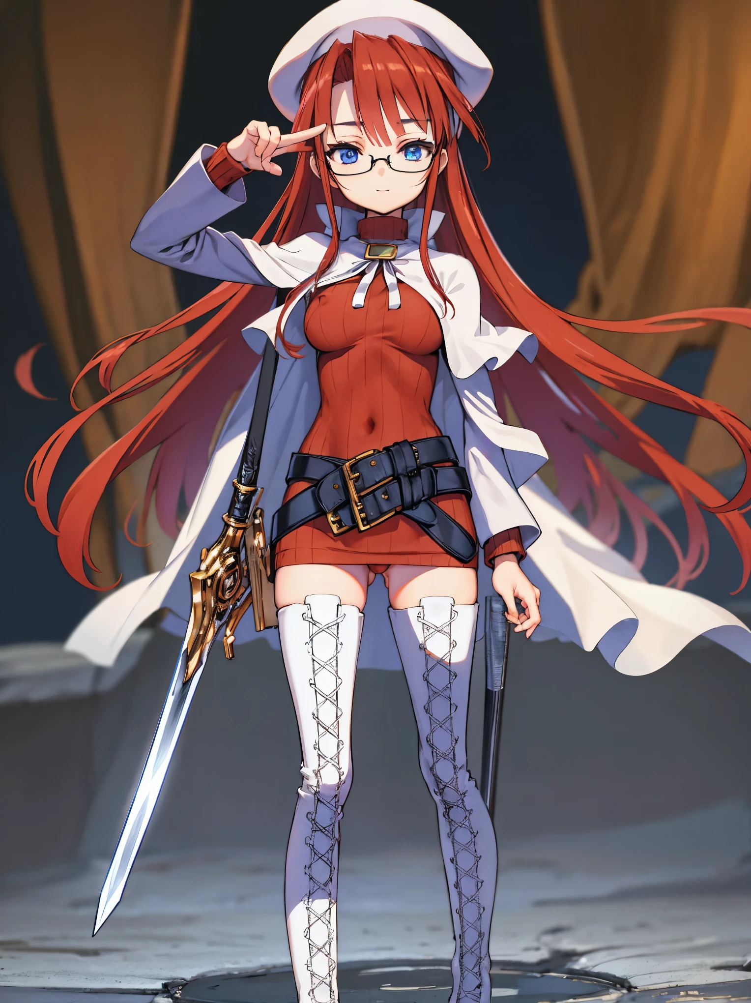 summonnightaty, aty, long hair, blue eyes, red hair, beret, hat, glasses,
BREAK long hair, thighhighs, hat, dress, boots, glasses, belt, cape, sweater, zettai ryouiki, beret, thigh boots, white footwear, ribbed sweater, loose belt,solo,
BREAK outdoors, fantasy,on_a_ship,
BREAK (masterpiece:1.2), best quality, high resolution, unity 8k wallpaper, (illustration:0.8), (beautiful detailed eyes:1.6), extremely detailed face, perfect lighting, extremely detailed CG, (perfect hands, perfect anatomy),covered_nipples,covered_navel,light_smile ,(half_eyes:1.4),sword,armpit,sleepy,dynamic_standing,barrel,red_sweater,apart_legs,magical_effect,pulmp,big_tits,