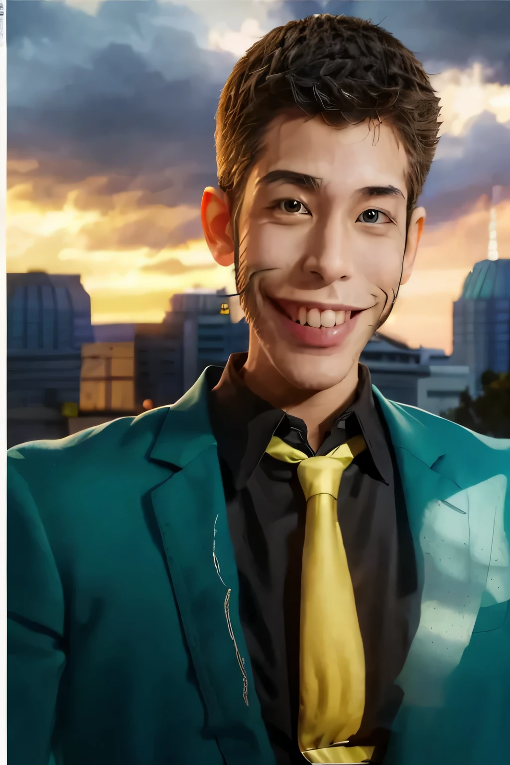 (highest quality, masterpiece, Raw photo,Super detailed:1.2), 1 man,alone,looking at the viewer, smile, green jacket, yellow tie, black shirt, Lupin,