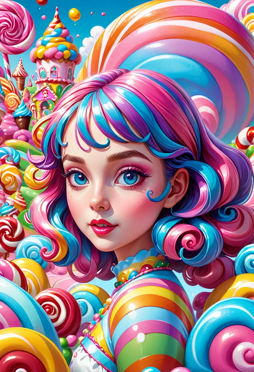 1girl, Candyland, aesthetic, vibrant colors Candyland wonderland gouache swirls detailed Candy art style! Whimsical playful colorful! candy!!! 🍬🍭 Candyland art!! “Hyperrealistic hyperdetailed highly detailed, digital illustration” postmodernism, artstation, poster art, dynamic lighting, cel-shaded, ray tracing reflections